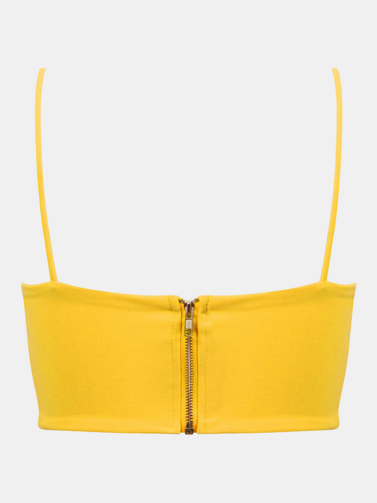 Ghost manequin wears a yellow bralete and v neck  front and spaghetti straps The back of the bralette can be seen, including an exposed zip up ck fastening. The spaghetti straps can also be seen.