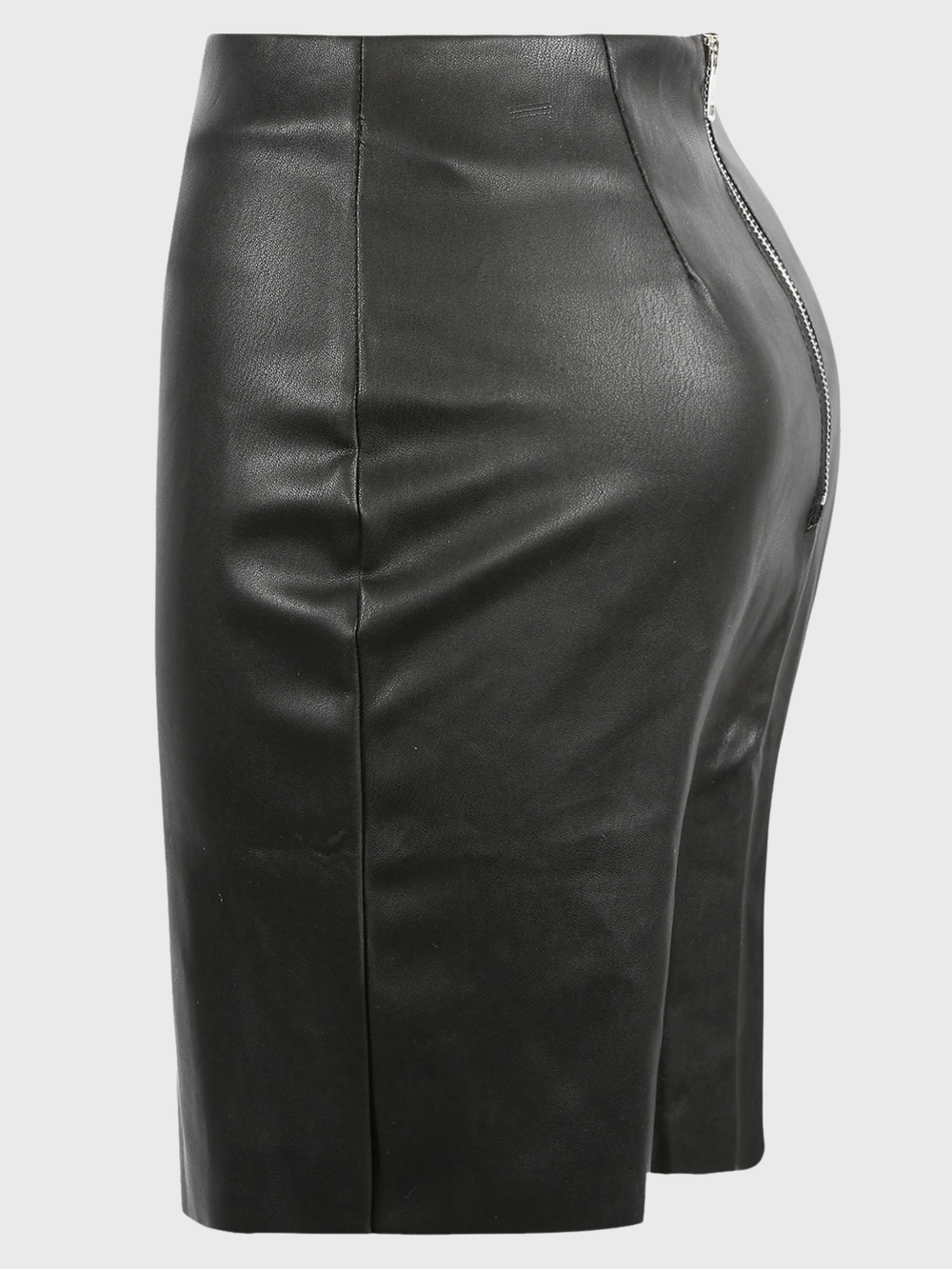 Ghost mannequin wears a faux leather pu midi skirt, with exposed  zip back fastening. The ghost mannequin faces to the side, the back of the exposed zip fastening can be seen.