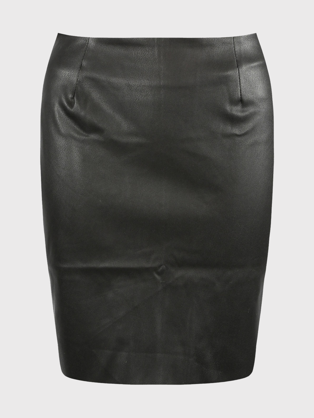 Ghost mannequin wears a faux leather pu midi skirt, with exposed  zip back fastening. The ghost mannequin faces forward, the front of the skirt can be seen.