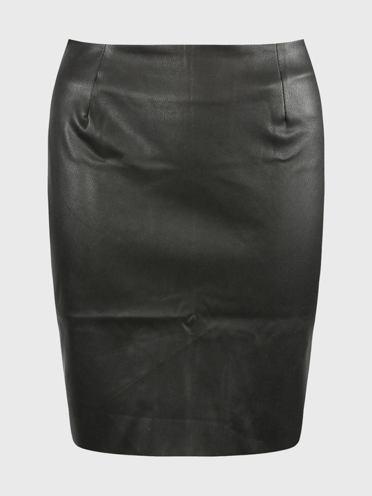 Ghost mannequin wears a faux leather pu midi skirt, with exposed  zip back fastening. The ghost mannequin faces forward, the front of the skirt can be seen.