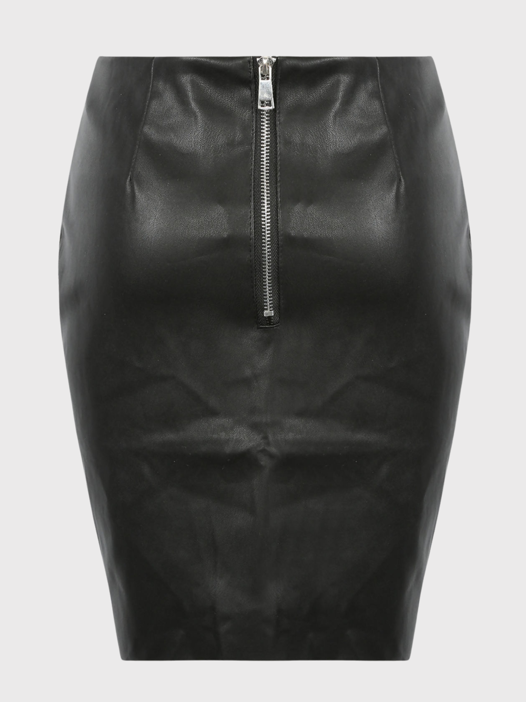 Ghost mannequin wears a faux leather pu midi skirt, with exposed  zip back fastening. The ghost mannequin faces stands with its back to the camera, the back of the skirt can be seen, including the exposed zip fastening.