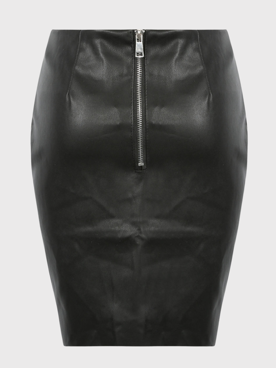 Ghost mannequin wears a faux leather pu midi skirt, with exposed  zip back fastening. The ghost mannequin faces stands with its back to the camera, the back of the skirt can be seen, including the exposed zip fastening.