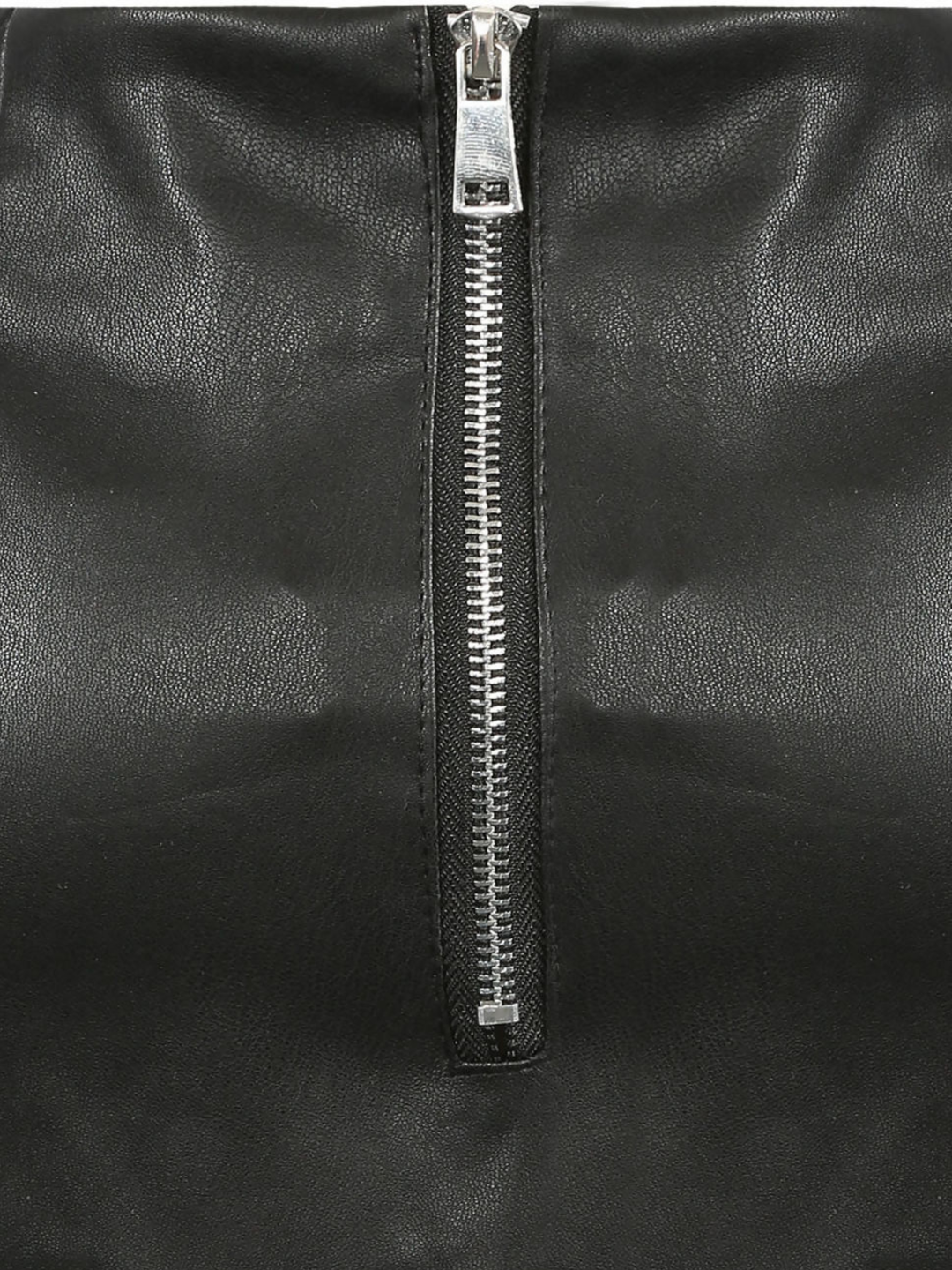 Close up. Exposed zip fastening on a faux leather pu skirt.