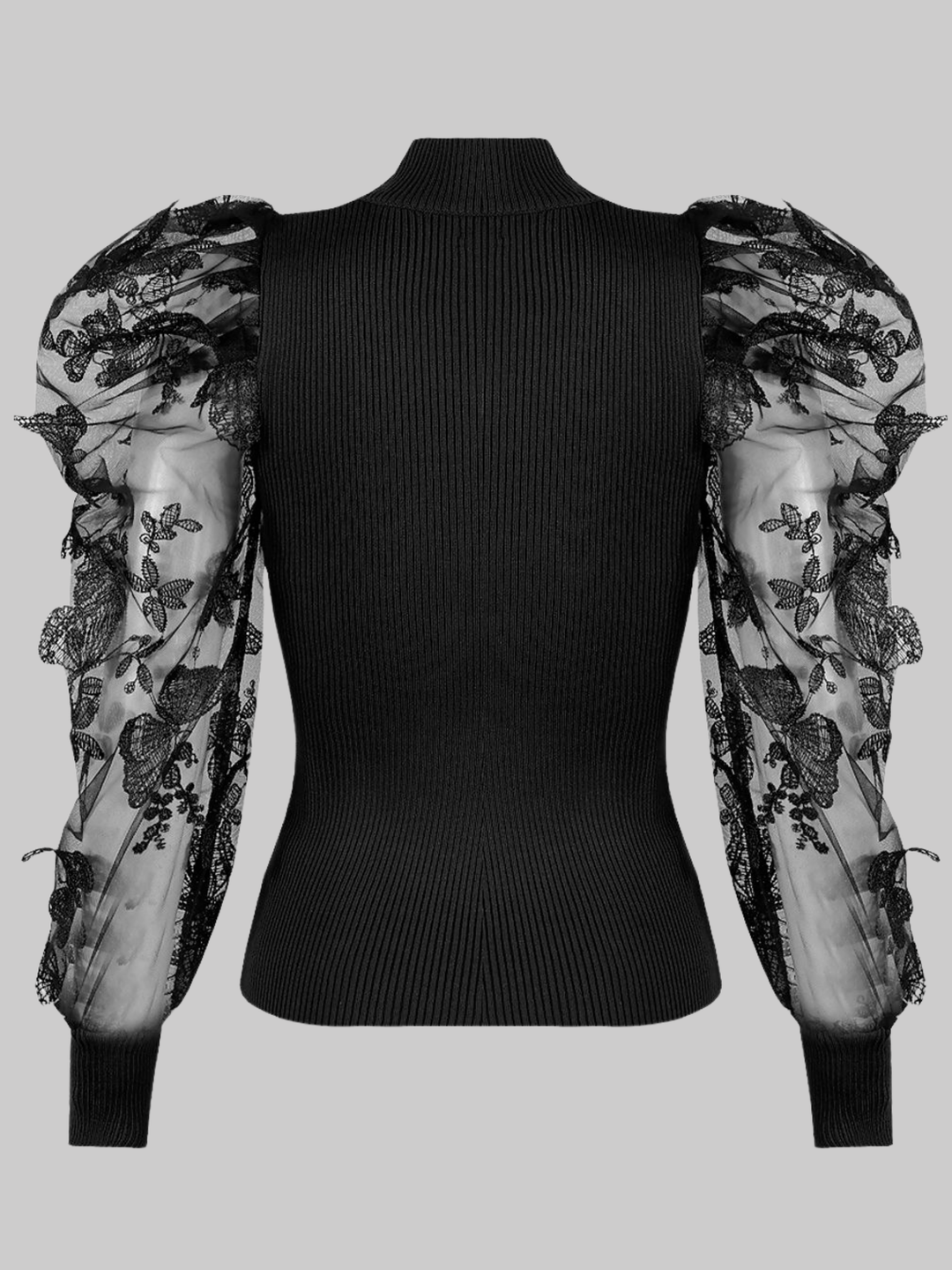 Ghost mannequin wears a black high neck jumper, with sheer sleeves and an embroidery crocheted design.  The ghost mannequin  stands with its back to the camera, the high neck of the jumper can be seen, as well as the sheer embrodied sleeves can be seen.