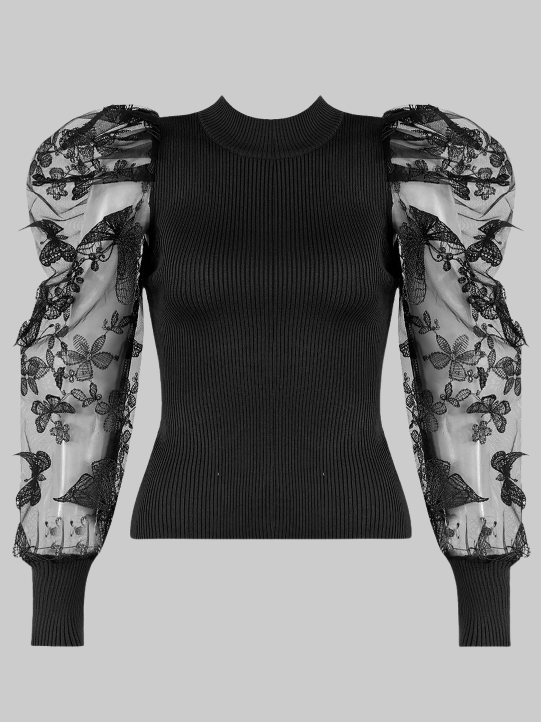 Ghost mannequin wears a black high neck jumper, with sheer sleeves and an embroidery crocheted design.  The ghost mannequin faces forward, the front pf the jumper can be seen.