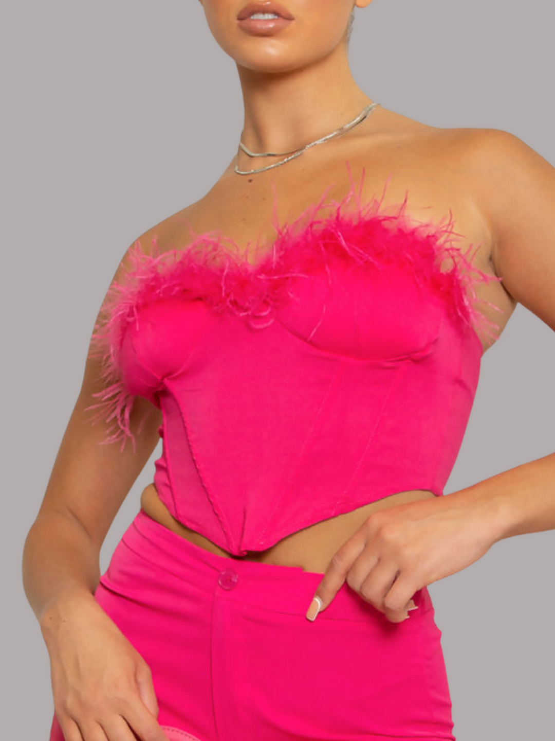 Close up. Model wears bright fuschia pink crop top, with fuschia pink feathers and zip bak fastening. The model faces forward, the front of the top and the feathers can be seen.