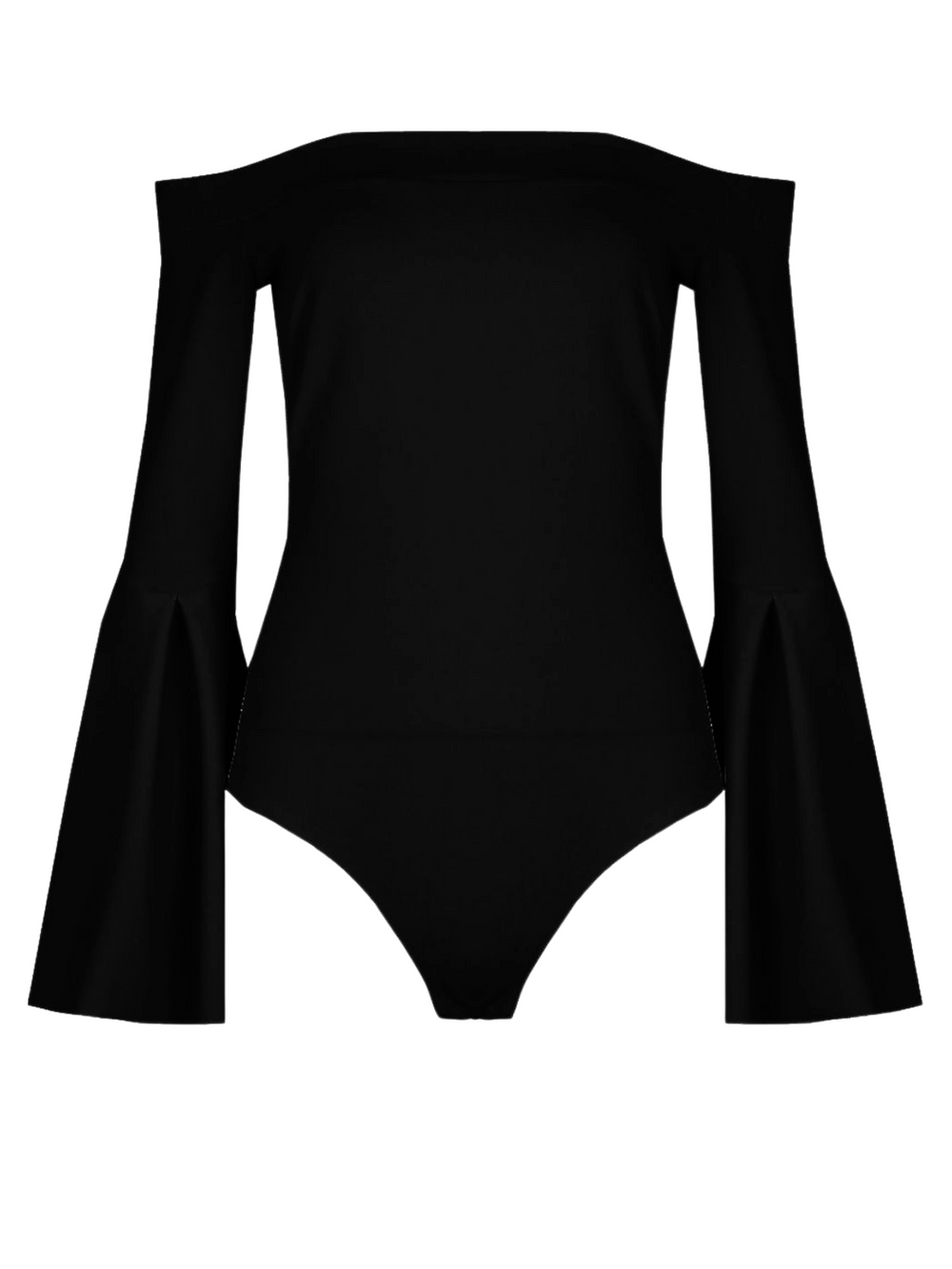Ghost manequin wears an off the shoulder black bodysuit with pleatead sleeves taht flare at the bottom.  The ghost manequin faces it's back to the camera, the back of the  top can be seen.