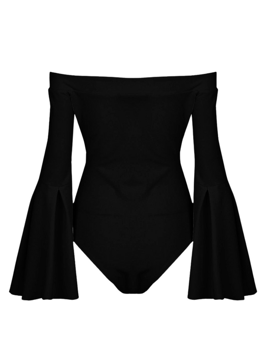 Ghost manequin wears an off the shoulder black bodysuit with pleatead sleeves taht flare at the bottom.
The ghost manequin faces forward, the front of the bodysuit can be seen.