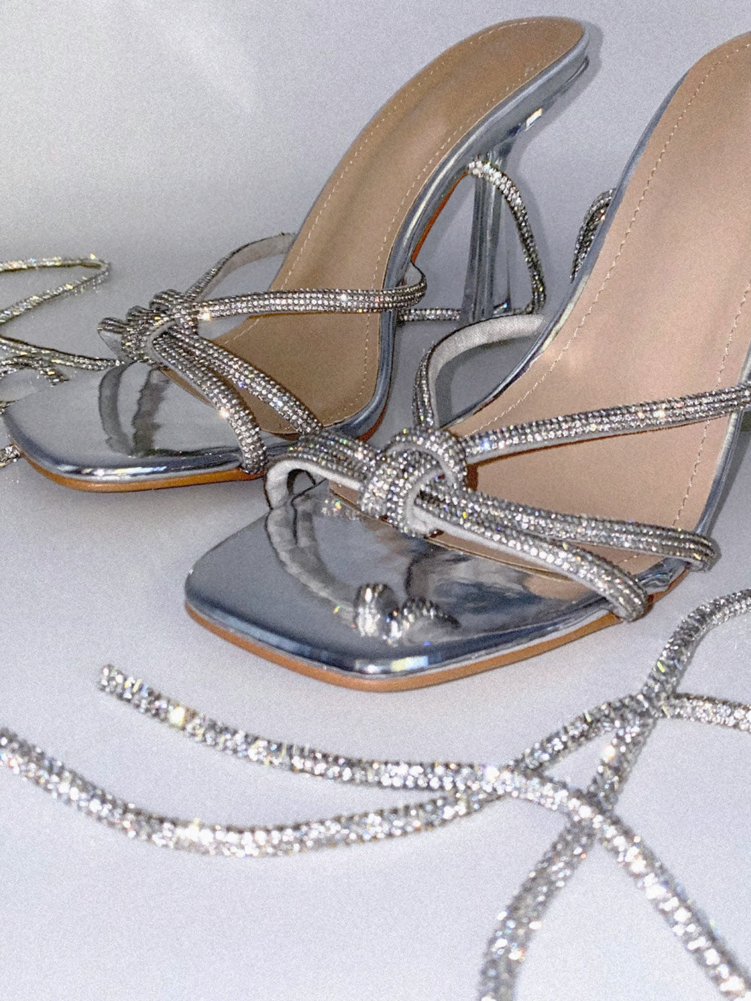 Black Heeled Mules With Cross Over Diamante Straps and Diamante Lace Up Fastening