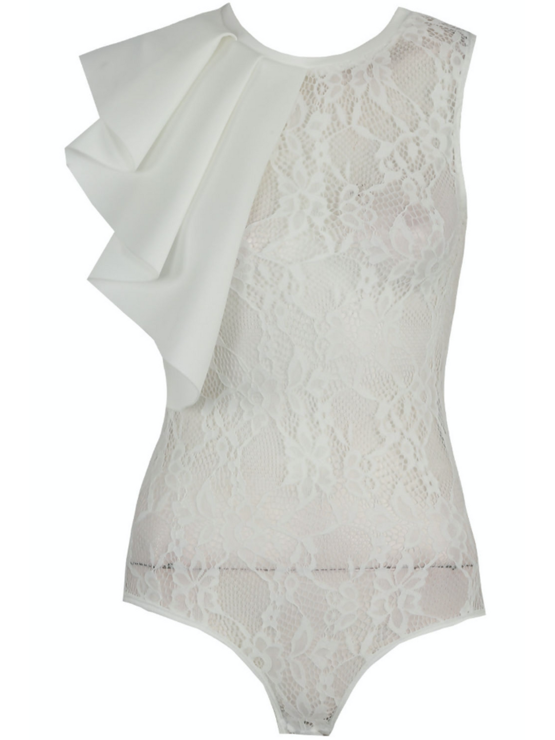 Ghost manequin wears a white high neck lace bodysuit.  One shoulder of the bodysuit has ruffled shoulders. The front of the bodysuit can be seen.