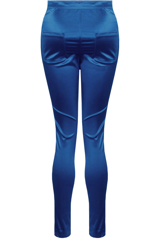 Ghost manequin wears a blue satin skinny fit trousers with front button closure. The ghost manequin stands to the side, the side and the front of the trousers is visible. The back pockets are visible.