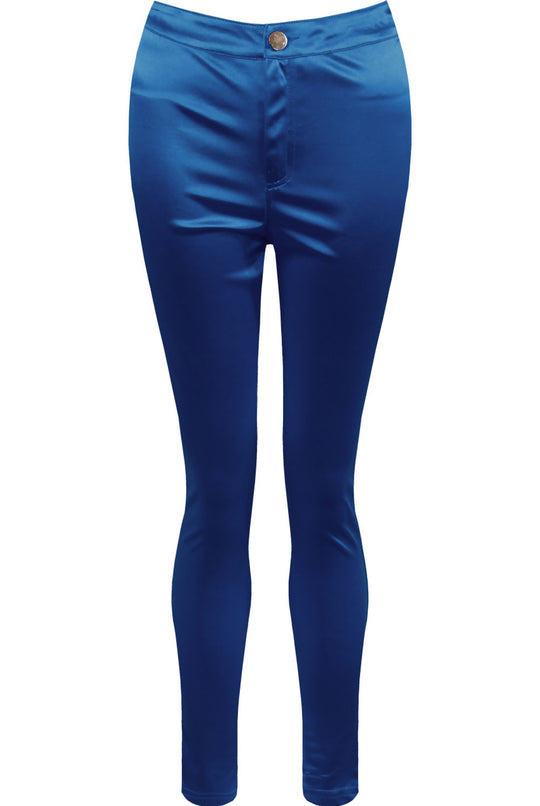 Ghost manequin wears a blue satin skinny fit trousers with front button closure.