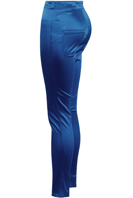 Ghost manequin wears a blue satin skinny fit trousers with front button closure. The ghost manequin stands to the side, the side and the front of the trousers is visible. The back pockets are visible.