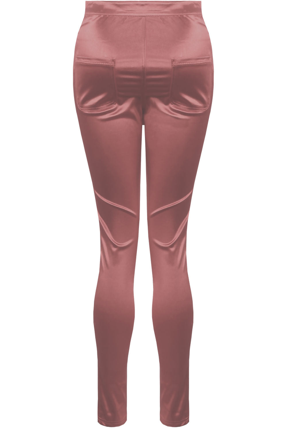 Ghost manequin wears a pink satin skinny fit trousers with front button closure. The Ghost manequin stands so that the back of the trousers and the back pockets is visible.