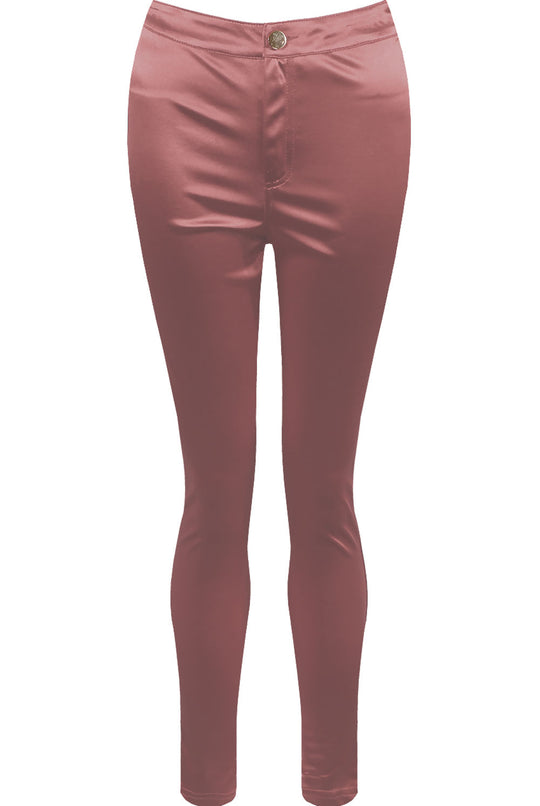 Ghost manequin wears a pink satin skinny fit trousers with front button closure.