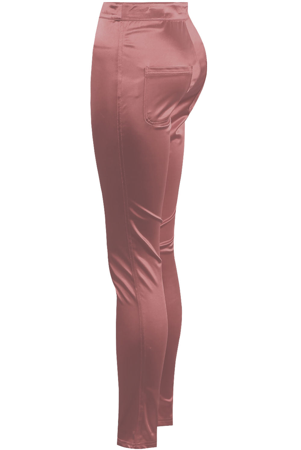 Ghost manequin wears a pink satin skinny fit trousers with front button closure. The ghost manequin stands to the side, the side and the front of the trousers is visible. The back pockets are visible.