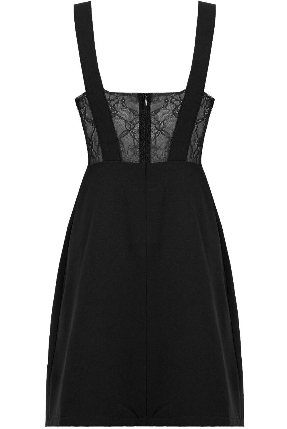 Ghost manequin demonstrates a black midi dress with sideand back  lace panelling. Ghost manequin faces away from the camera, demonstrating the back of the dress. The back of the dress demonstrates the lace panel detailing and back zip and a-line flair.