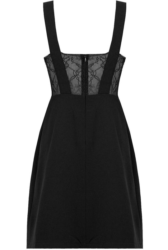 Ghost manequin demonstrates a black midi dress with sideand back  lace panelling. Ghost manequin faces away from the camera, demonstrating the back of the dress. The back of the dress demonstrates the lace panel detailing and back zip and a-line flair.