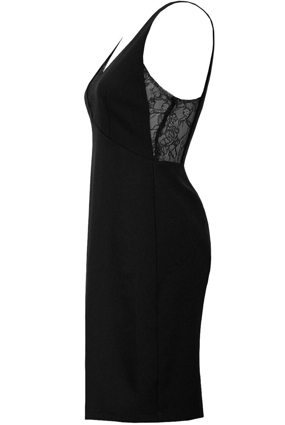 Ghost manequin demonstrates a black midi dress with side lace panelling. The ghost manequin  faces the side, demonstrating the side lace pannelled detail.