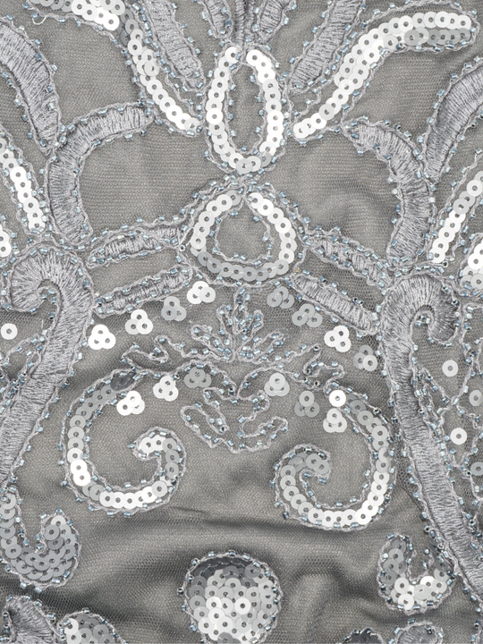 Closeup premium dress sequined grey maxi dress material.