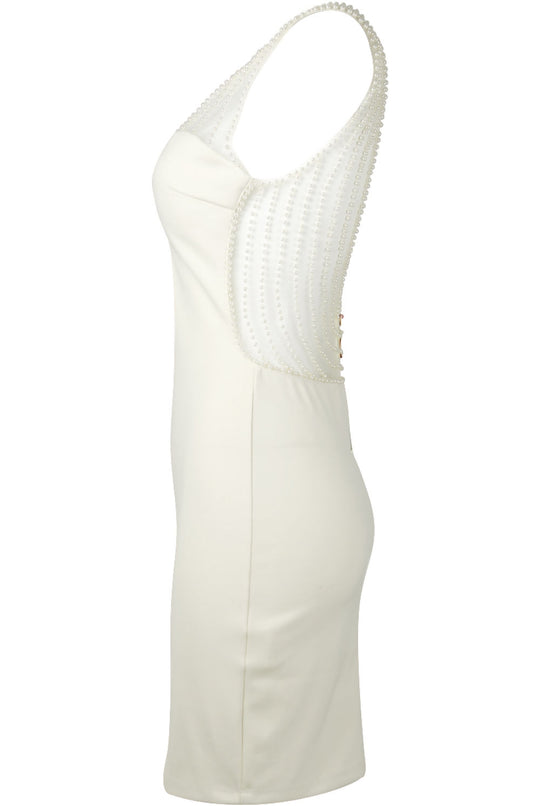 Ghost manequin wears the premium deluxe low back pearl dress with gold chunky zip fastening to the rear.  The ghost manequin wears the dress from a side profile, this shows the pearl  detailing from the side cut out and the pearl detailed straps.