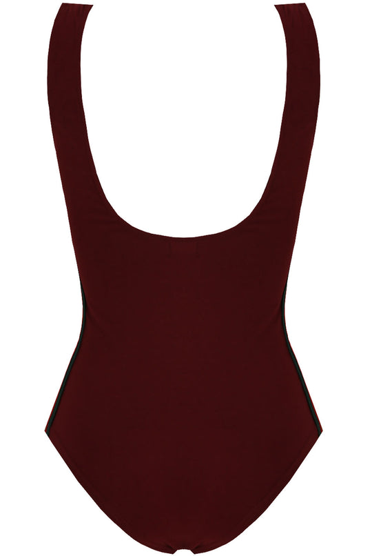 Ghost manequin wears a red bodysuit with side detailing and a scoop neck. Ghost manequin stands with her back to the camera, this shows a low back bodysuit.
