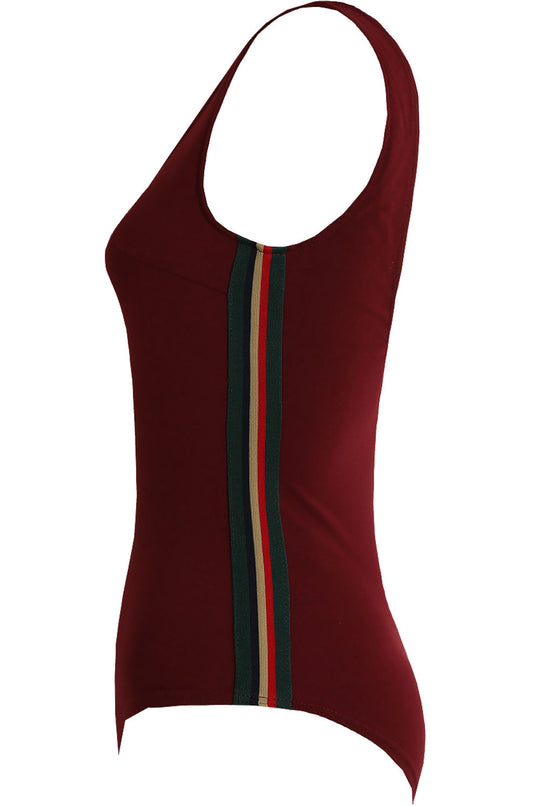 Ghost manequin wears a red bodysuit with side detailing and a scoop neck. Ghost manequin stands to the side and shows a green, black and red strip.