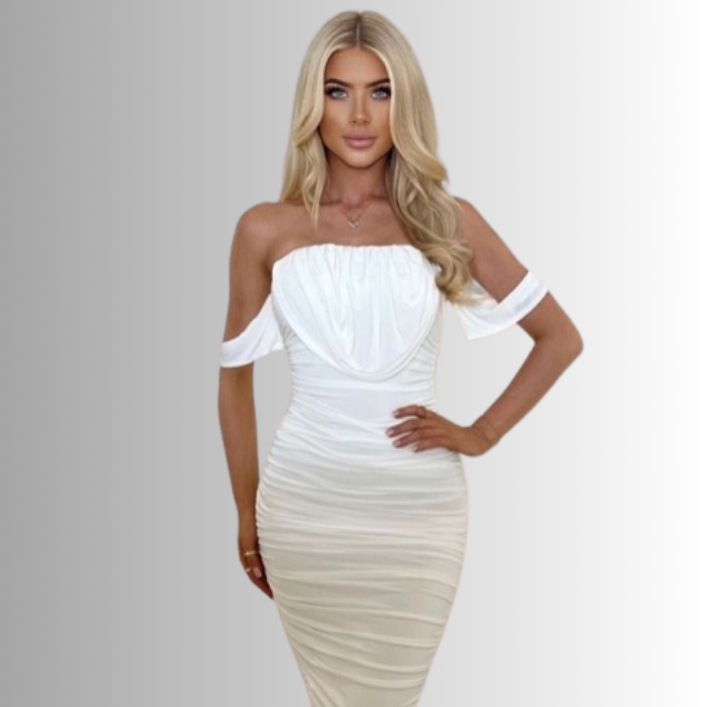 Dress Collection Tile 4ever Stunning DressModel wears a cream double layered ruched midi dress.