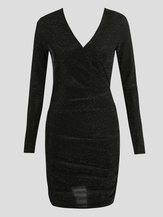 Ghost mannequin wears a black lurex midi dress with v neck wrap front, long sleeves  and zip back fastening. The ghost mannequin faces forward, the front of the dress can be seen including the wrap front. 