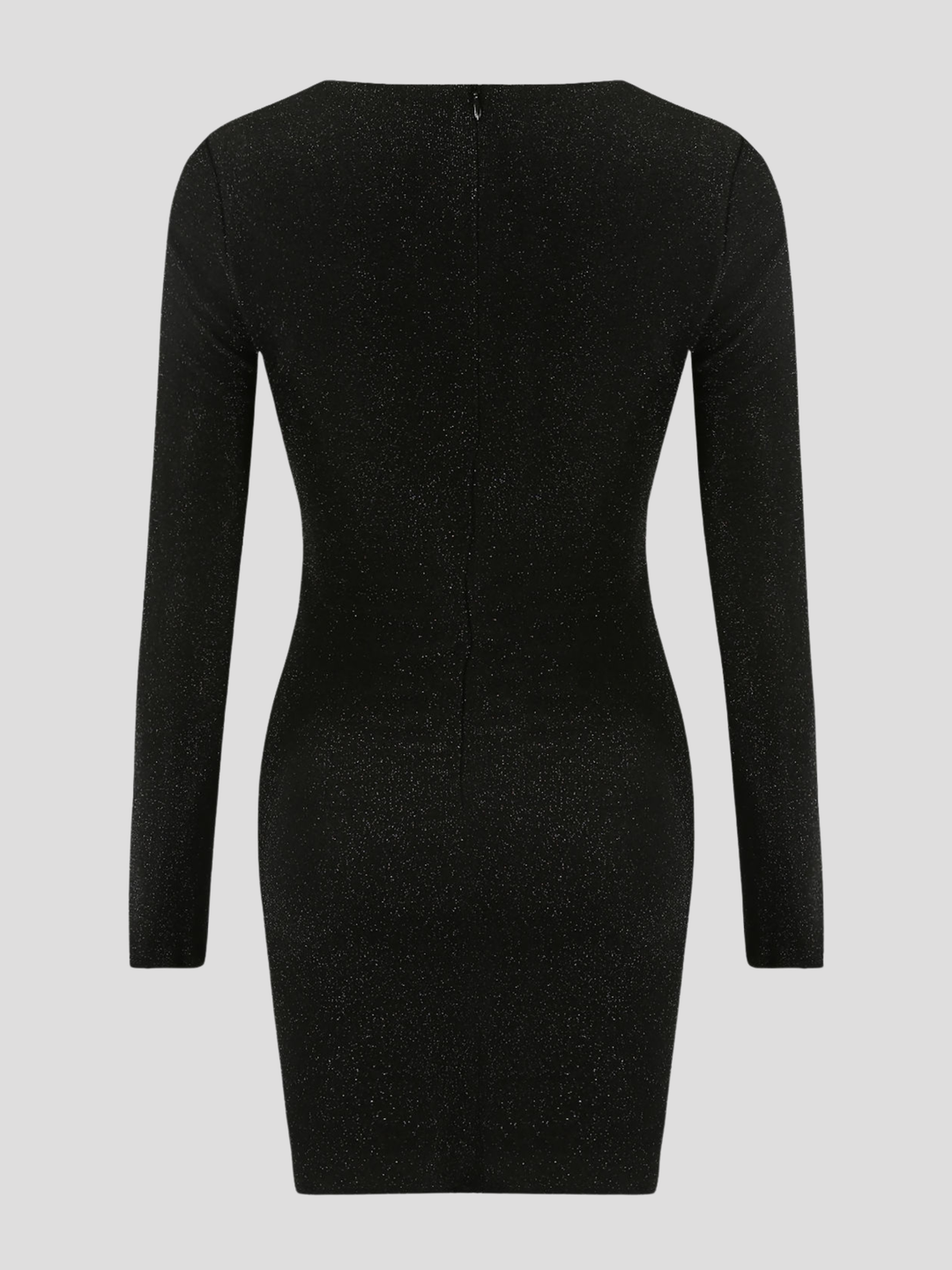 Ghost mannequin wears a black lurex midi dress with v neck wrap front, long sleeves  and zip back fastening.  The ghost mannequin stands with its back to the camera, the back of the dress can be seen, including the zip back fastening. 