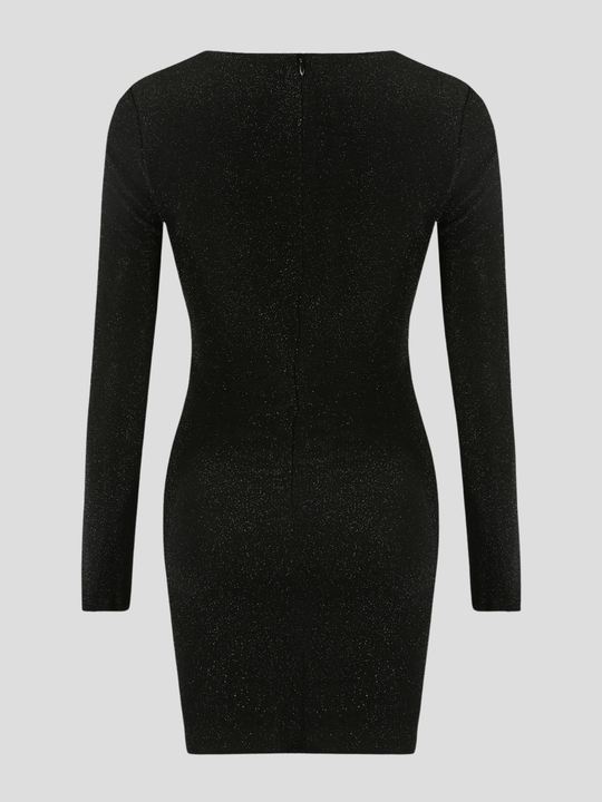 Ghost mannequin wears a black lurex midi dress with v neck wrap front, long sleeves  and zip back fastening.  The ghost mannequin stands with its back to the camera, the back of the dress can be seen, including the zip back fastening. 
