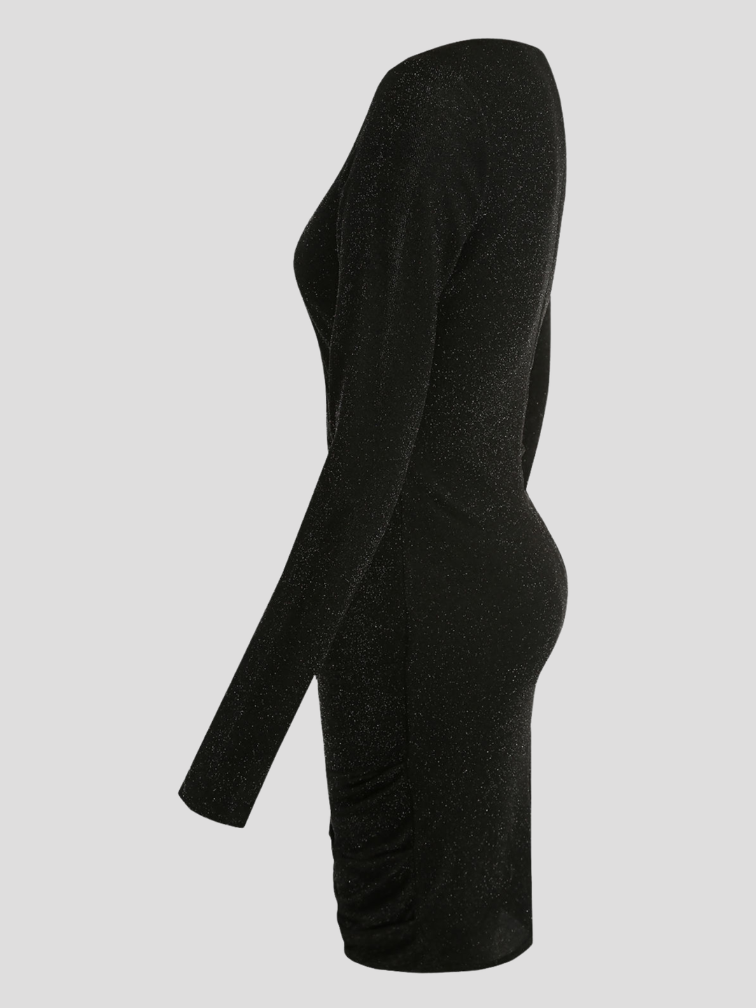 Ghost mannequin wears a black lurex midi dress with v neck wrap front, long sleeves  and zip back fastening.  The ghost mannequin Stands to the side, the side of the dress and its long sleeves can be seen. 