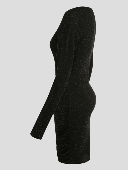Ghost mannequin wears a black lurex midi dress with v neck wrap front, long sleeves  and zip back fastening.  The ghost mannequin Stands to the side, the side of the dress and its long sleeves can be seen. 