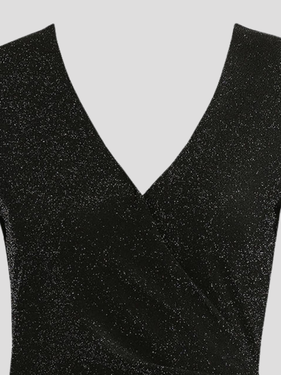 Close up of the wrap front design. Ghost mannequin wears a black lurex midi dress with v neck wrap front, long sleeves  and zip back fastening.  