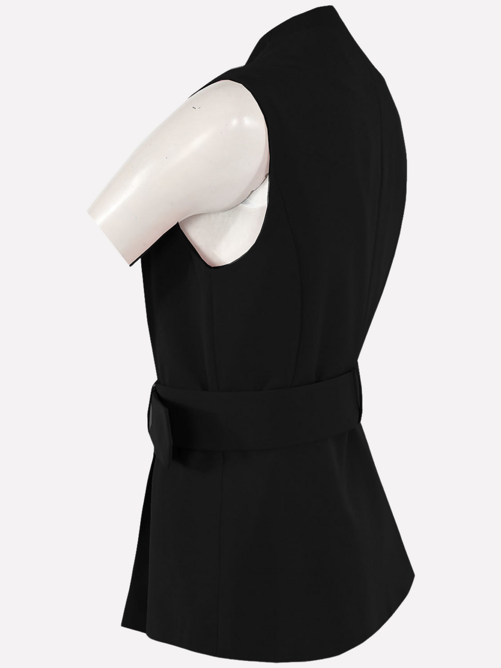 Ghost manequin wears a sleeveless blazer waistcoat that has front gold button fastening, and removable belt.  The side of the manequin can be seen, demonstrating the side of the waistcoat and how the waistcoat cinches in at the waist. 