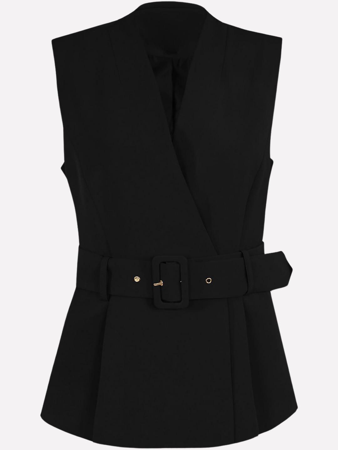 Ghost manequin wears a sleeveless blazer waistcoat that has front gold button fastening, and removable belt. The front of the waistcoat can be seen, including the removable belt. 