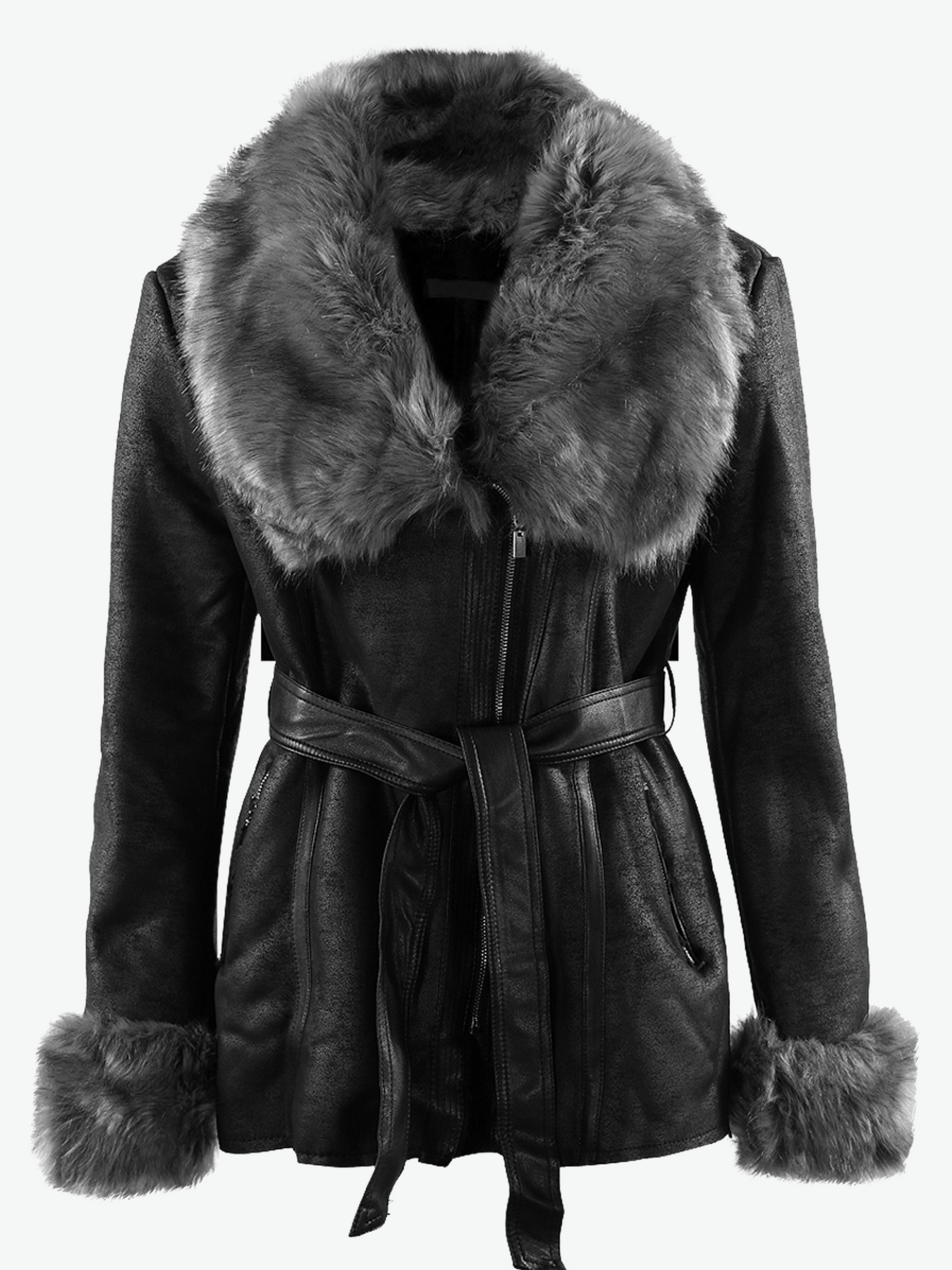 Leather coat with 2025 fur collar and cuffs