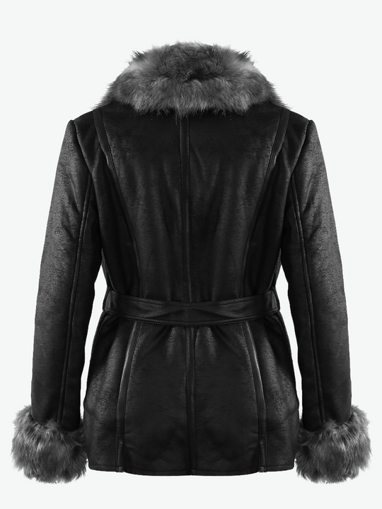Ghost manequin wears a faux leather longline jacket with faux fur grey collar and faux fur grey cuffs.  The back of the jacket is visible, the faux fur cuffs  and collar is visible, as is the belt at the waist. 