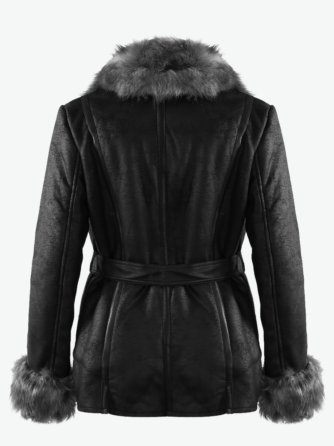 Ghost manequin wears a faux leather longline jacket with faux fur grey collar and faux fur grey cuffs.  The back of the jacket is visible, the faux fur cuffs  and collar is visible, as is the belt at the waist. 