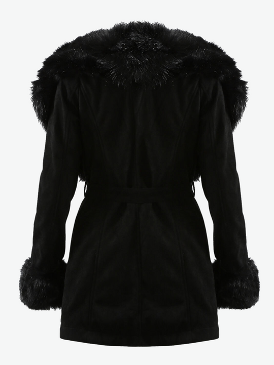 Ghost manequin wears a black longline faux suede coat with black faux fur collar and black faux fur cuffs.  The ghost manequin stands with theor back to the camera. The back of the coat is visible and demonstrates the faux fur collar and faux fur cuffs. 