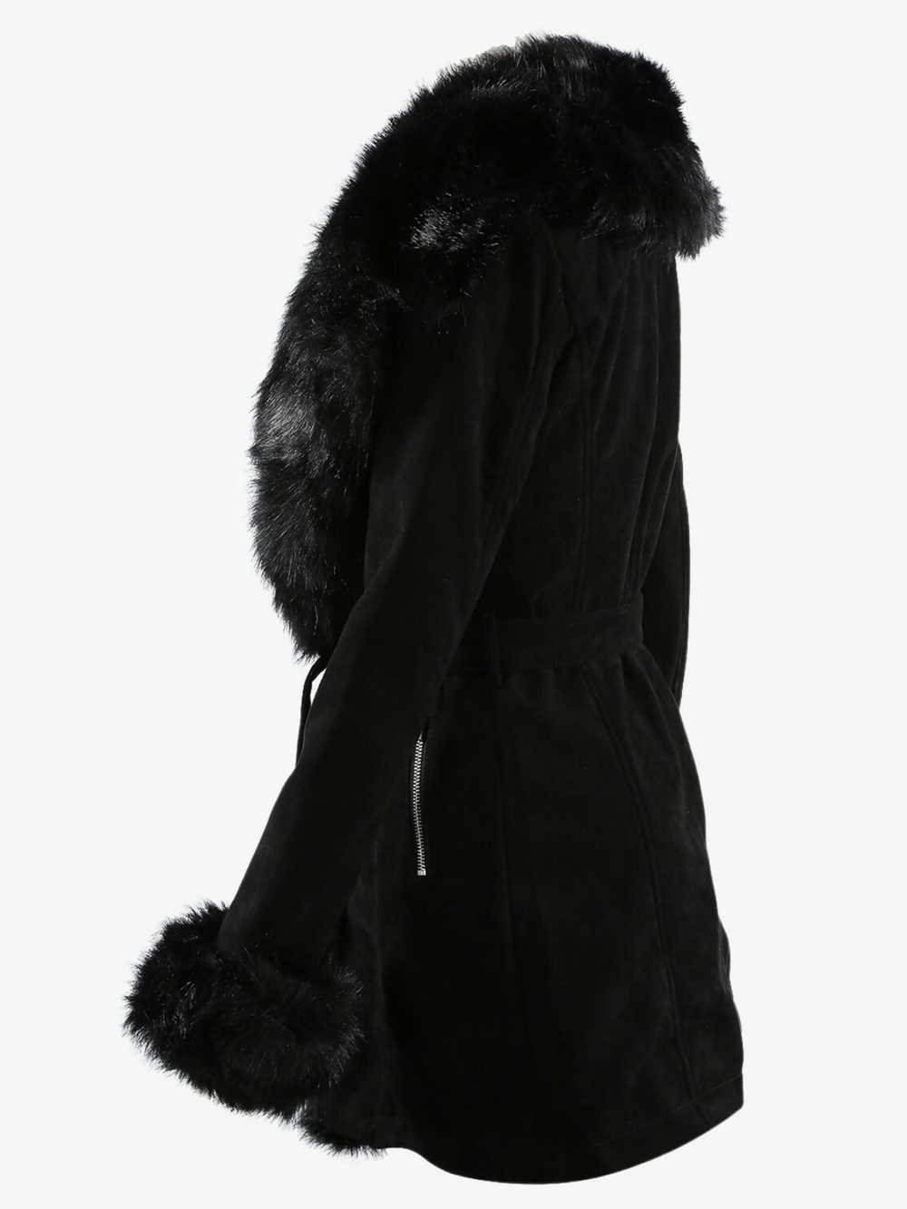 Ghost manequin wears a black longline faux suede coat with black faux fur collar and black faux fur cuffs.  Ghost manequin stands to the side. The side of the coat and the plunging faux fur collar and faux fur cuffs are visible. 