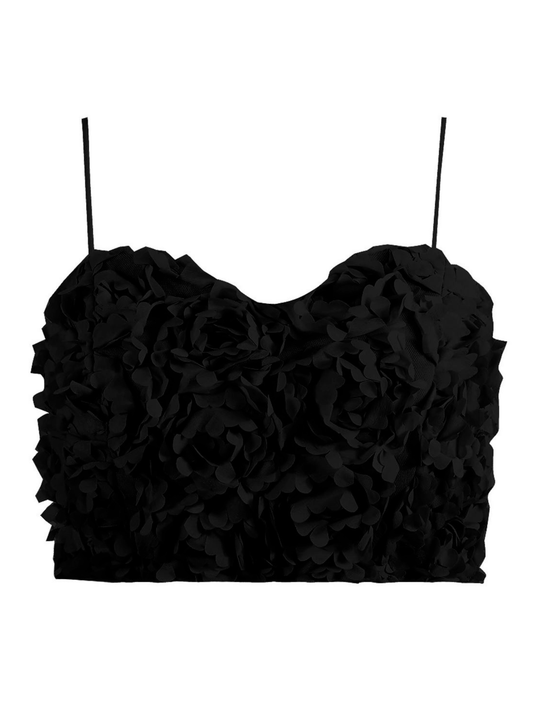 Ghost mannequin wears a black 3D rose design bralette, with a sweetheart neckline, exposed zip back fastening and spaghetti straps. The ghost mannequin faces forward, the front of the bralette can be seen.