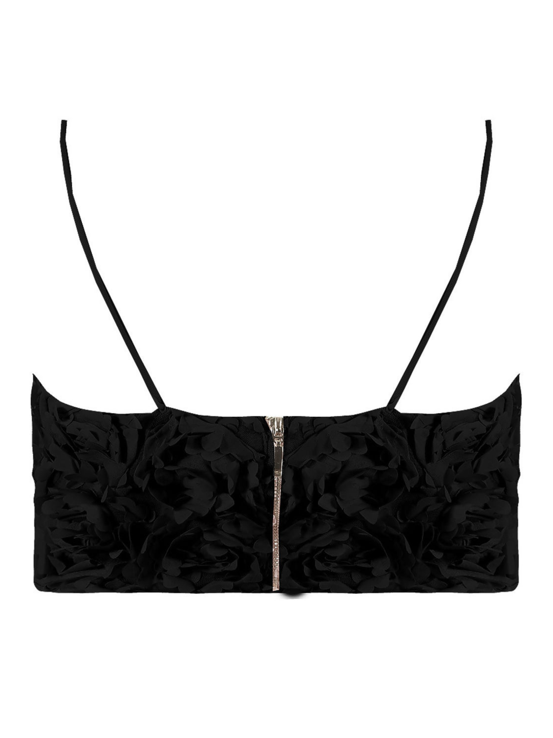 Ghost mannequin wears a black 3D rose design bralette, with a sweetheart neckline, exposed zip back fastening and spaghetti straps. The ghost mannequin stands with his back to the camera, the back of the rose can be seen, including the 3d rose design and zip back fastening. 