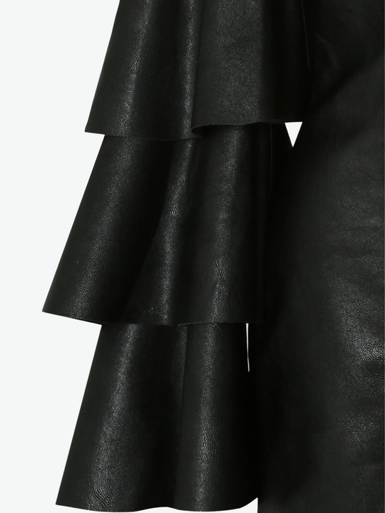 bandeau mini dress with off the ruffled sleeves. Close up of the bell sleeves. 