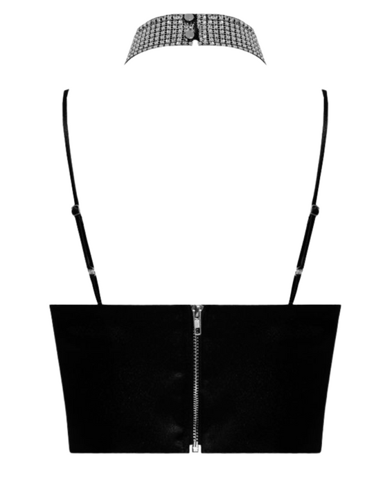 Ghost manequin wears a satin diamante bralette with thin spaghetti straps and silver diamante choker. The back of the top can be seen, including the chunky exposed silver zip. This matches the silver diamante choker. 