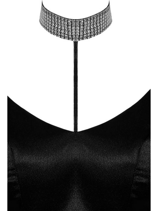 Ghost manequin wears a satin diamante bralette with thin spaghetti straps and silver diamante choker. Close up of the diamante choker and satin top can be seen.