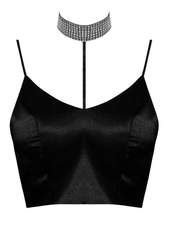 Ghost manequin wears a satin diamante bralette with thin spaghetti straps and  silver diamante choker.