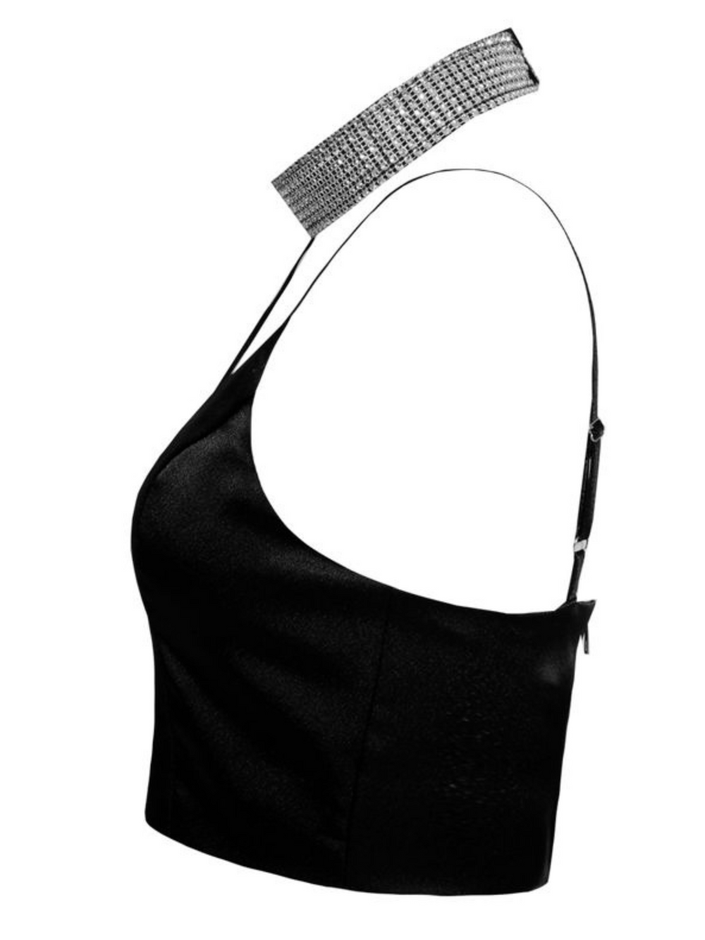 Ghost manequin wears a satin diamante bralette with thin spaghetti straps and silver diamante choker. Ghost manequin stands to the side, the side of the top is visible, the silver diamante choker can also be seen. 