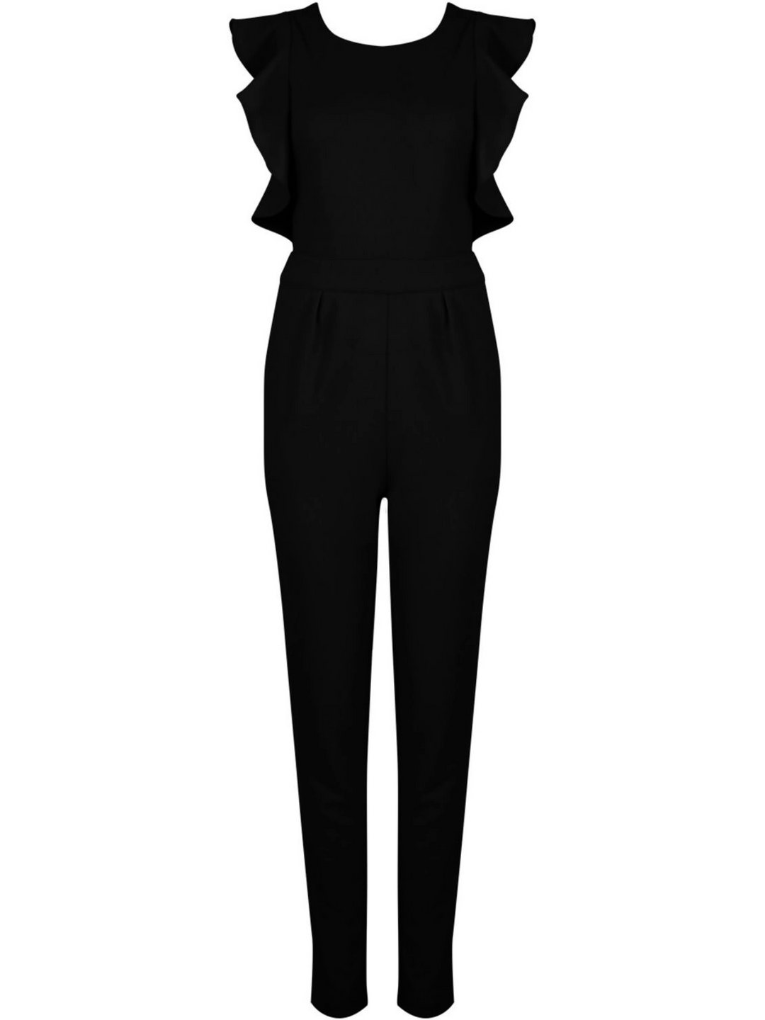 Ghost manequin wears sleeveless black jumpsuit with pleated frill sides and  open back. The jumpsuit has a concealed zip back fastening. Ghost manequin faces forward. The front of the jumpsuit can be seen. 