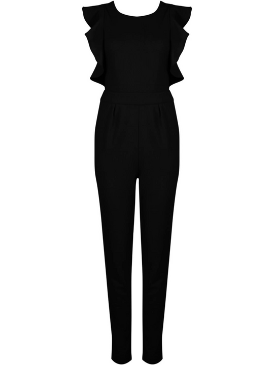 Ghost manequin wears sleeveless black jumpsuit with pleated frill sides and  open back. The jumpsuit has a concealed zip back fastening. Ghost manequin faces forward. The front of the jumpsuit can be seen. 